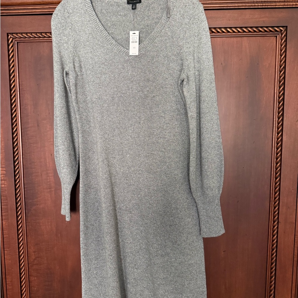Talbots Gray V-Neck Long Sleeve Knit Dress